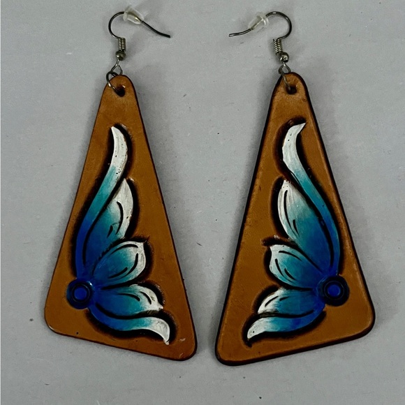 Handcrafted Blue and Tan leather Angel Wing Earrings - Picture 1 of 5
